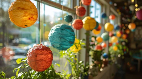 Colorful Paper Lanterns Adorning a Window: A Festive Scene