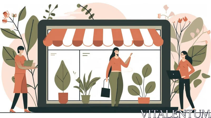 Colorful Vector Illustration of Flower Shop on Laptop Screen with Women AI Image
