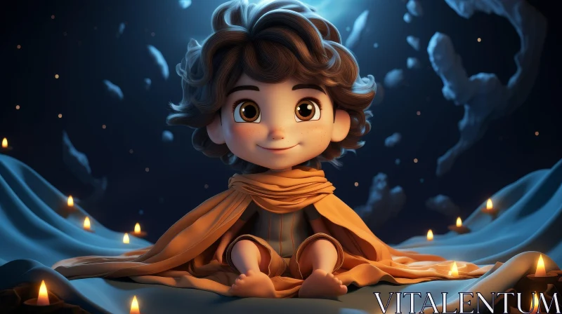 Dreamy 3D Rendering of Young Boy on Cloud with Candles AI Image