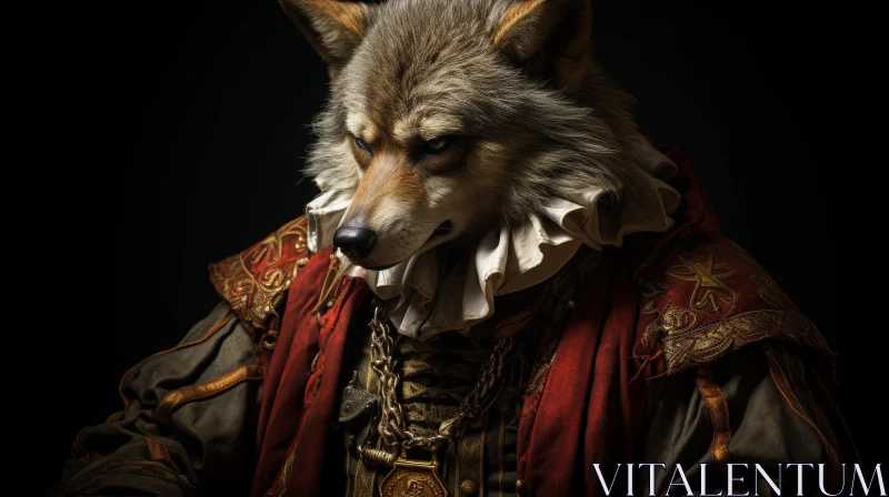 Intense Wolf Portrait in Red and Gold AI Image