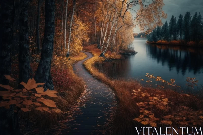 Lush and Detailed Path Leading to a Lake in Fall - Nature Art AI Image