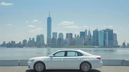 Luxury Car on Waterfront with Manhattan Skyline View