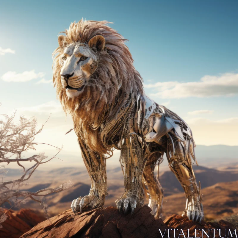 Majestic Metallic Lion in a Desert Landscape: A Journey into Fantasy AI Image