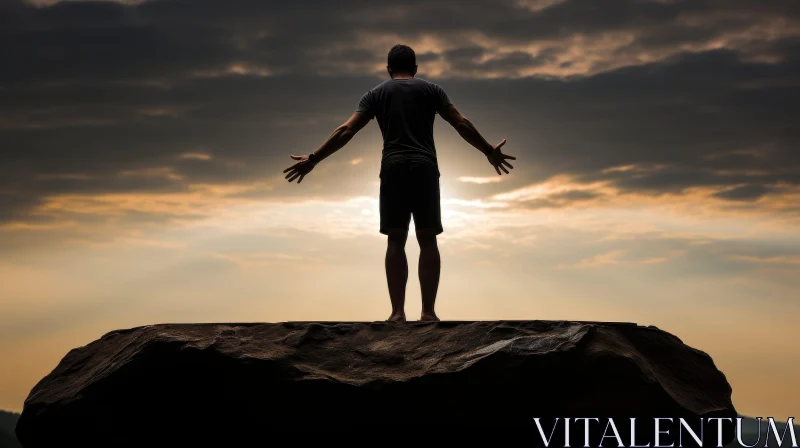 Man Standing on Rock with Outstretched Arms AI Image