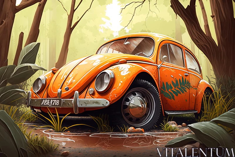 Orange VW Beetle in the Woods | 2D Game Art Illustrations AI Image