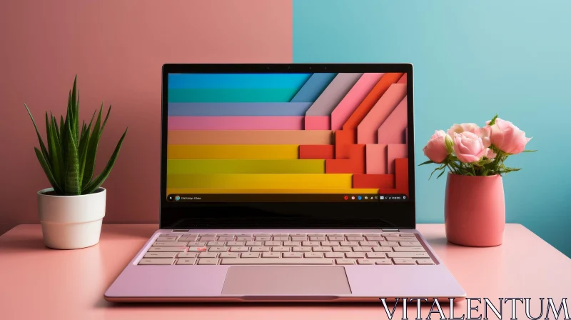 AI ART Pink Table Laptop with Flower and Background