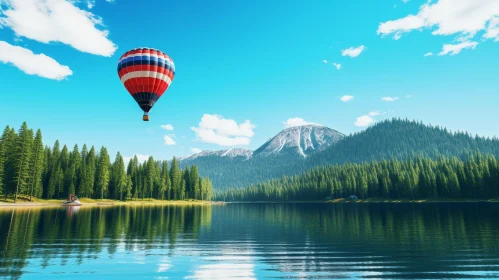 Tranquil Mountain Lake Landscape with Hot Air Balloon
