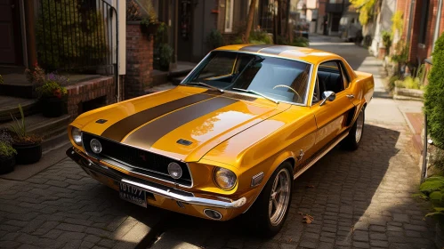 Vintage Yellow Ford Mustang on Brick Street