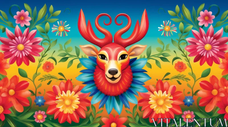 Vivid Deer and Flower Illustration in Nature Setting AI Image