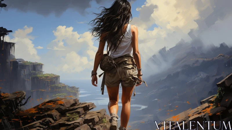 Woman on Cliff Overlooking Canyon AI Image