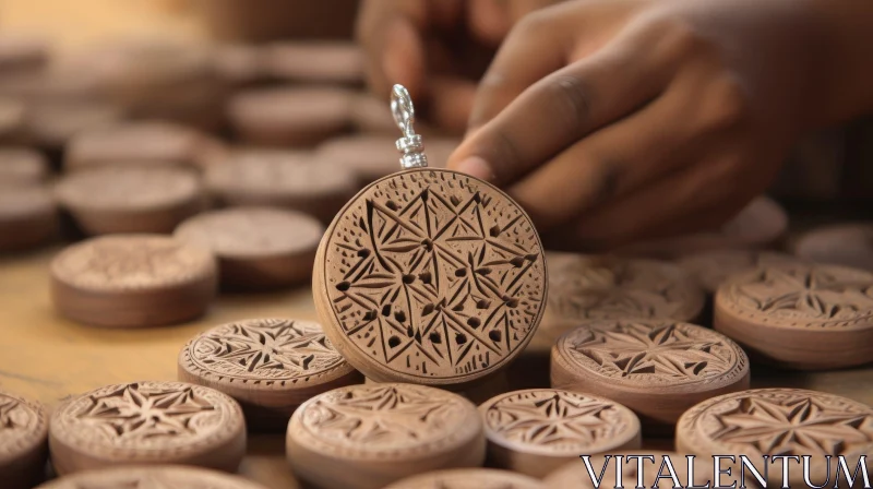 Wooden Pendant with Geometric Pattern - Close-up Handheld Design AI Image
