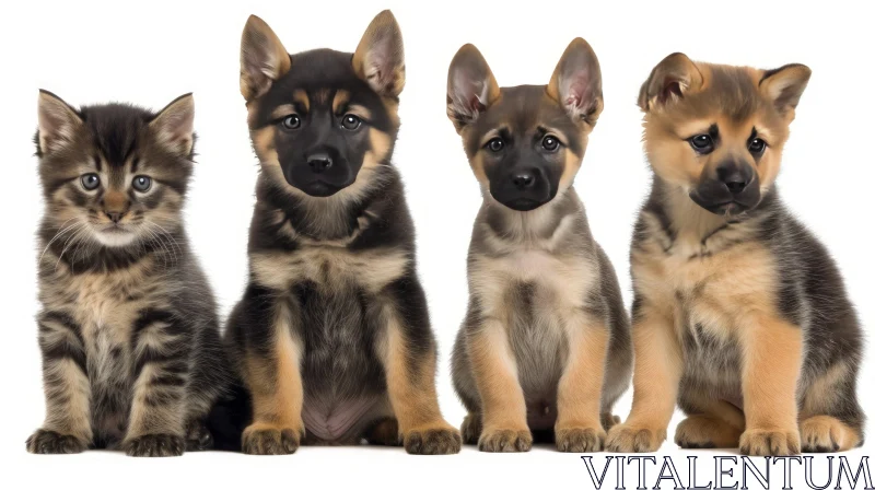 Adorable German Shepherd Puppies and Kitten on White Background AI Image