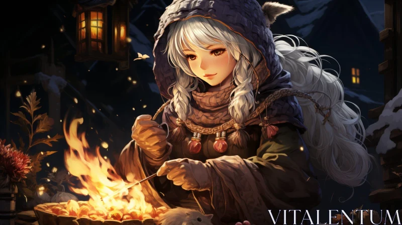 Anime Girl in Forest with Campfire Painting AI Image