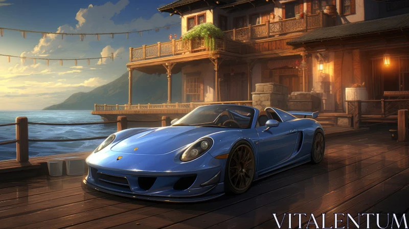 AI ART Blue Porsche 911 GT3 RS Digital Painting on Wooden Dock