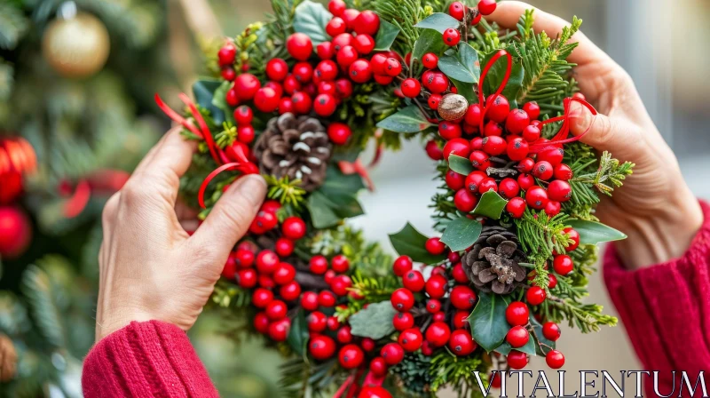 Captivating Christmas Wreath with Red Berries and Green Leaves AI Image