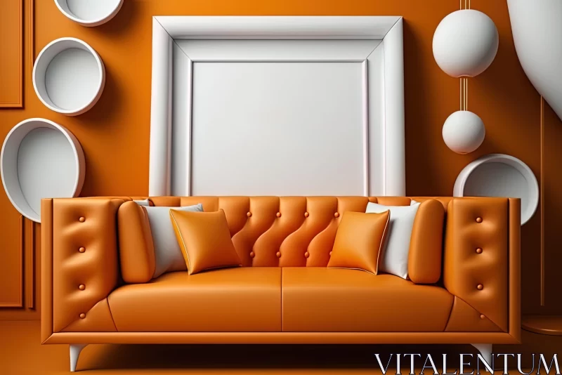 Captivating Orange Sofa with Trompe-l'oeil Effect in Monochromatic Room AI Image