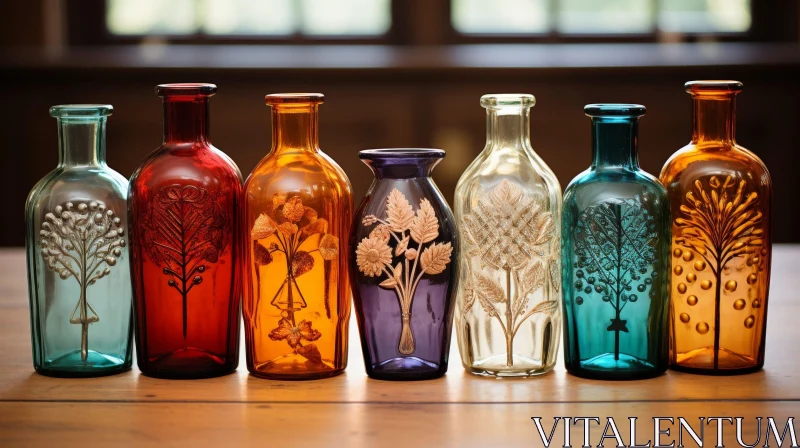 Colorful Glass Bottles Arrangement on Wooden Table AI Image