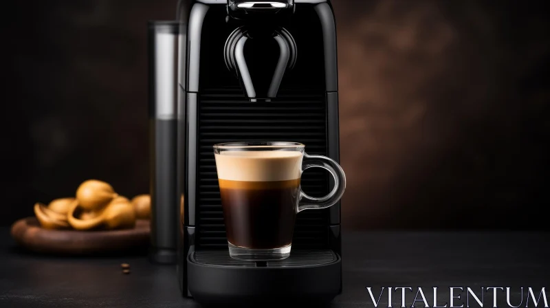 Dark Brown Coffee Machine with Glass Cup and Pastries AI Image