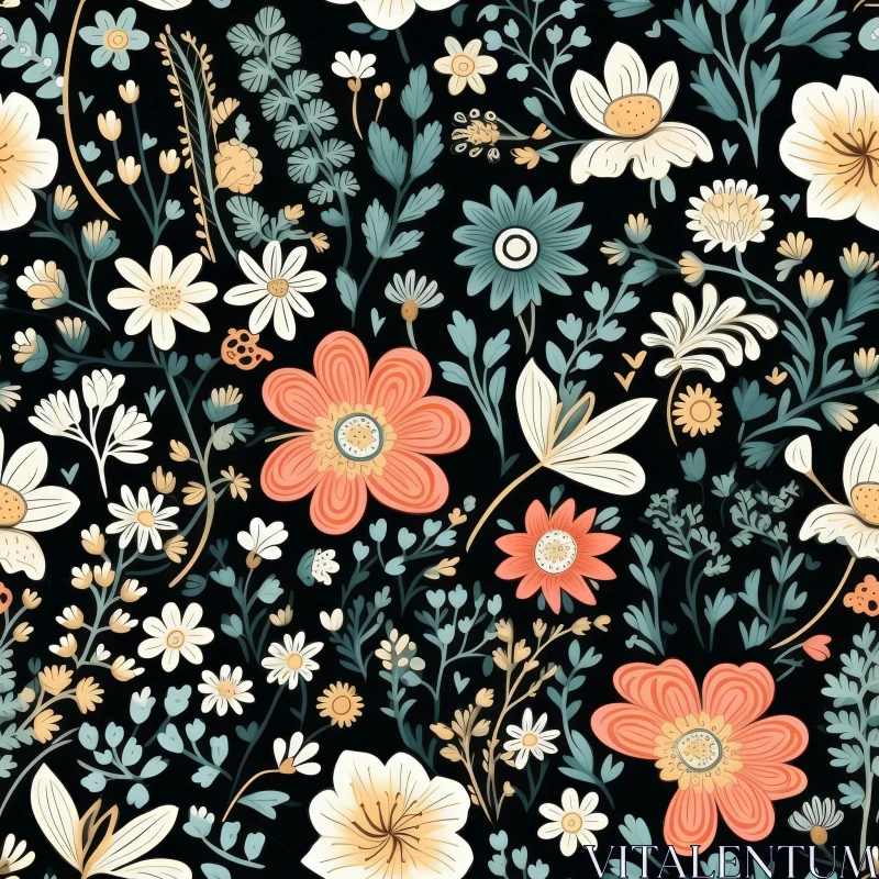Dark Floral Pattern with Daisies, Poppies, and Lilies AI Image