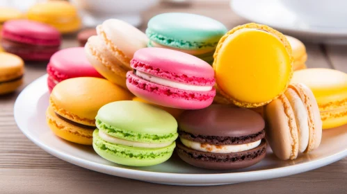 Delicious Multicolored Macarons and Coffee on Wooden Table