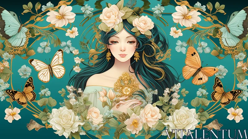 Elegant Woman with Green Hair and Flowers AI Image