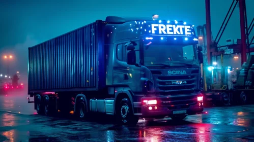 Enchanting Blue Semi-Truck on Rainy Night | Transportation Image