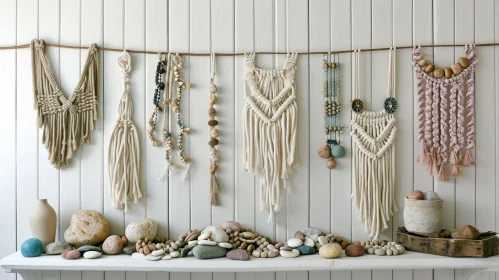 Exquisite Macrame Wall Hangings and Stone Sculptures on a Whitewashed Wooden Wall