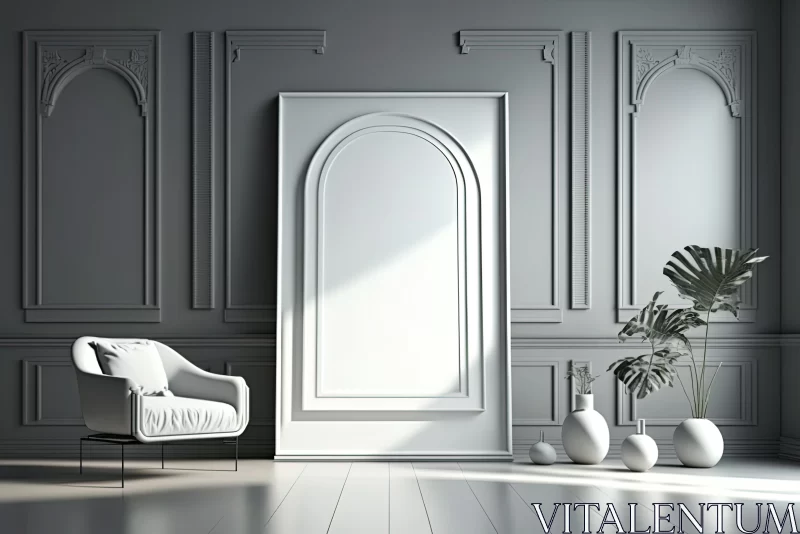 Interior Decor: Decorative Mirrors and Chair in a Minimalist and Monochromatic Room AI Image