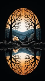 Intricate Tree Reflection Art: A Blend of Light Gold and Dark Black