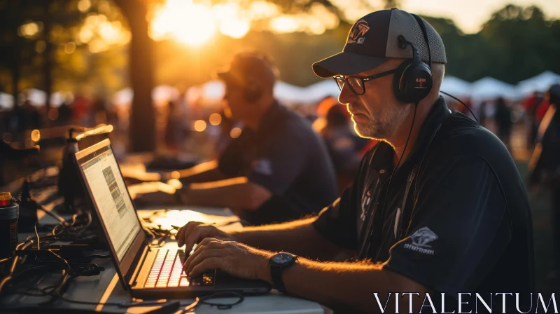 AI ART Man with Laptop Working at Sunset Scene