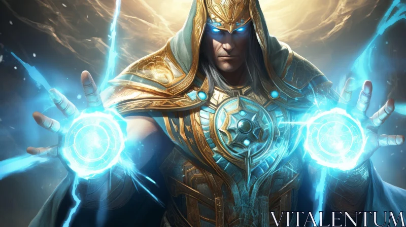 Mystical Wizard in Golden Armor and Blue Cloak AI Image