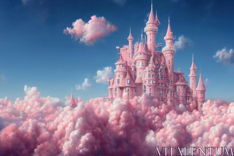 Pink Castle Floating in the Clouds - Surreal Hyperrealistic Fantasy Art AI Image