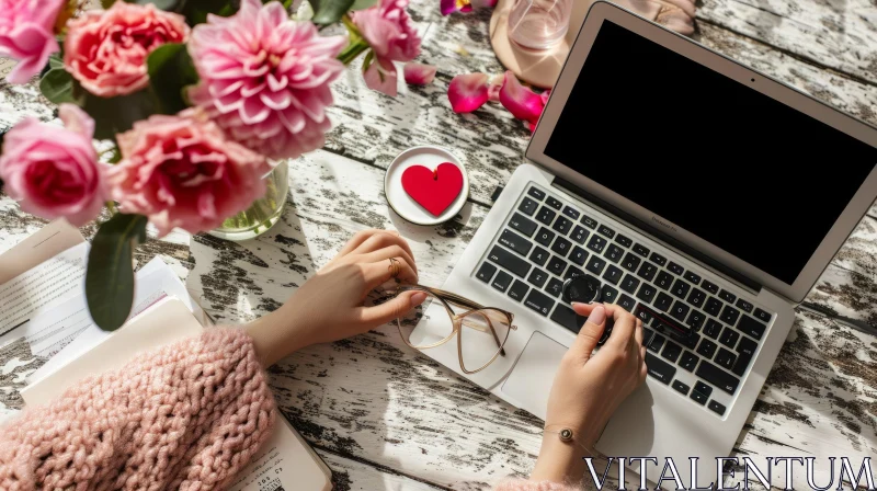 Serene Woman Working on Laptop in Pink Sweater with Flowers AI Image
