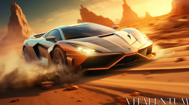 Silver and Orange Sports Car in Desert Landscape AI Image