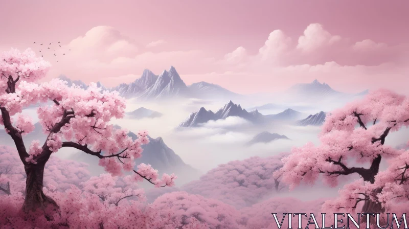 Snow-Capped Mountains and Cherry Blossoms Landscape AI Image