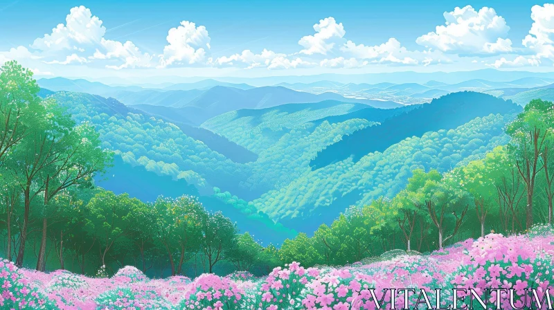 Tranquil Mountain Landscape with Valley and Pink Flowers AI Image