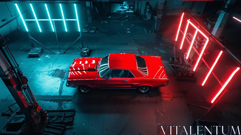 Vintage Red Retro Car in Neon-Lit Garage AI Image
