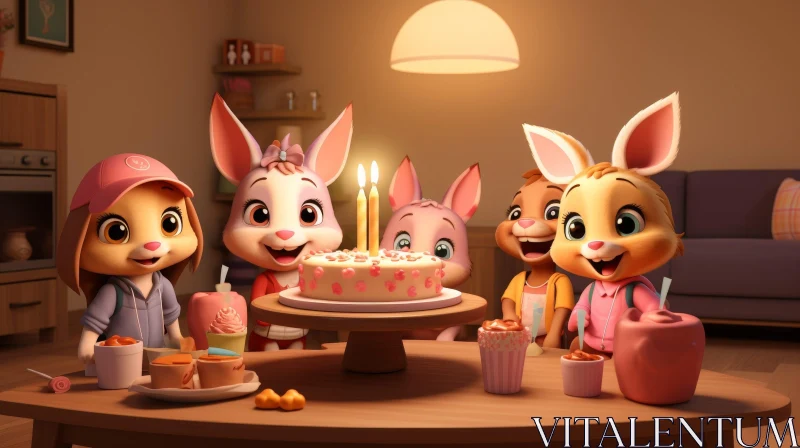 Whimsical Birthday Celebration with Rabbits AI Image