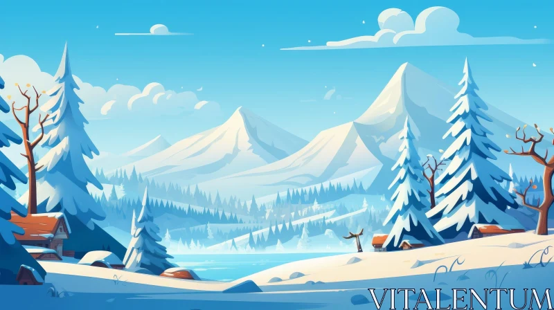 Winter Wonderland Cartoon Landscape with Snow-Capped Mountains and Cabins AI Image