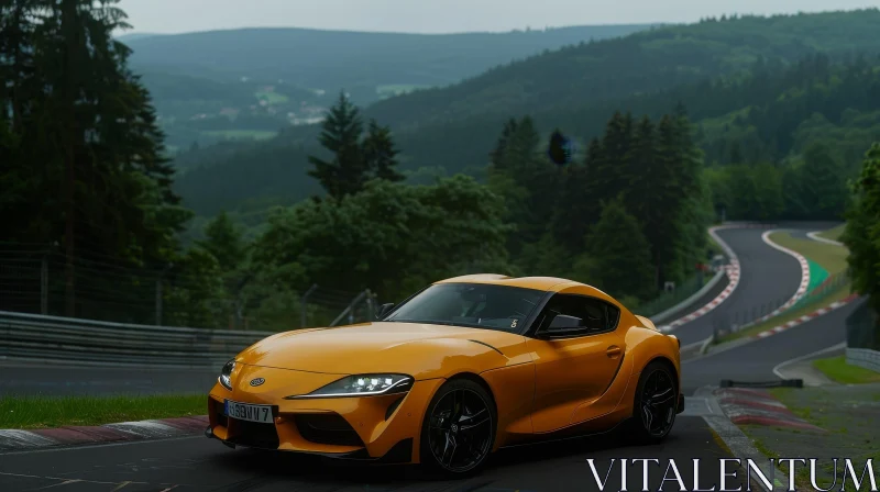Yellow Sports Car on Scenic Winding Road AI Image