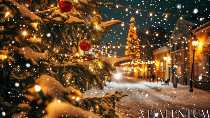 AI ART Beautifully Decorated Christmas Tree in a Snowy Town