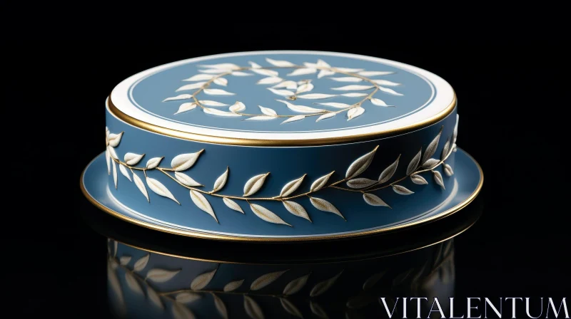 AI ART Blue and White Porcelain Cake Stand with Laurel Leaves in Gold