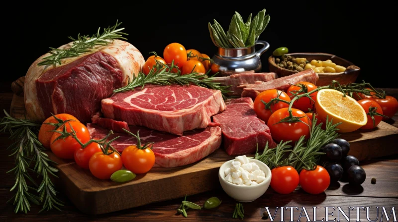 Bountiful Meat and Fruit Still Life Composition AI Image