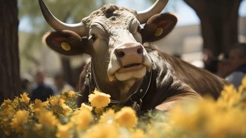 Brown Cow in Field of Yellow Flowers