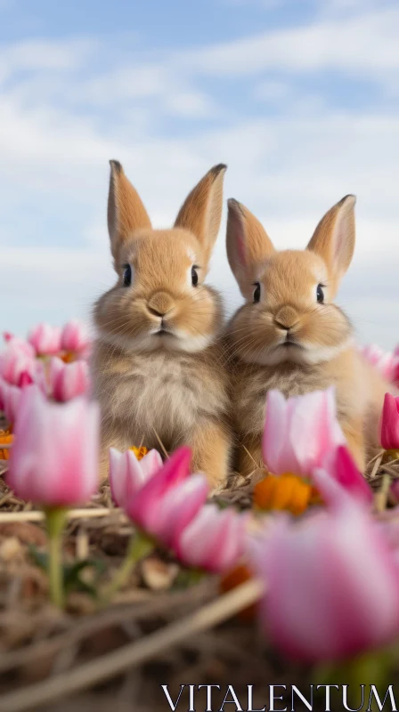 Charming Bunnies Among Vibrant Flowers: A Captivating Visual Narrative AI Image