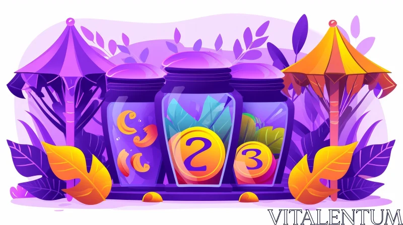 Charming Cartoon Illustration of Glass Jars with Fish, Leaves, and Carrots AI Image