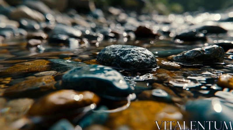 Close-Up of a Clear Riverbed with Flowing Water and Sunlight AI Image
