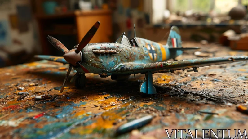 AI ART Close-up of Supermarine Spitfire Model Airplane on Messy Table