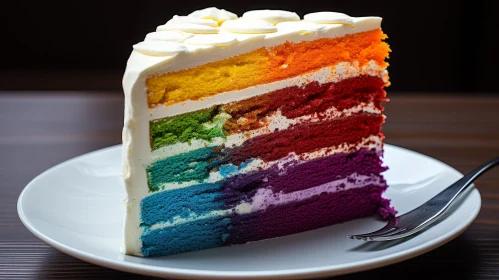 Colorful Rainbow Cake Slice on White Plate