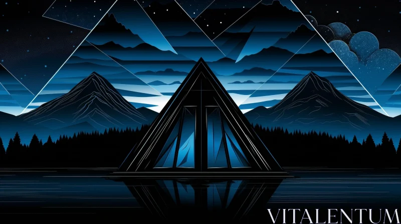 AI ART Dark Blue Geometric Landscape with Triangular House